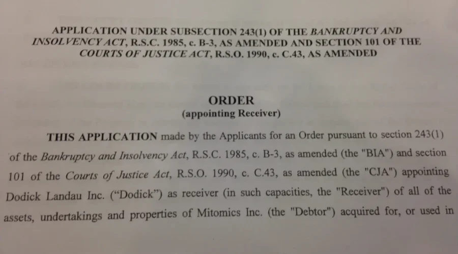 Receiver Named For Mitomics Bankruptcy