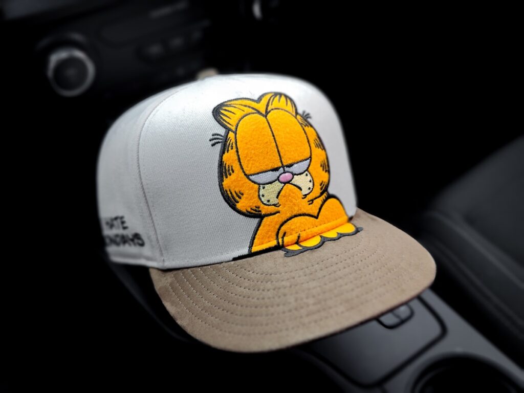 A garfield hat sits inside a car.