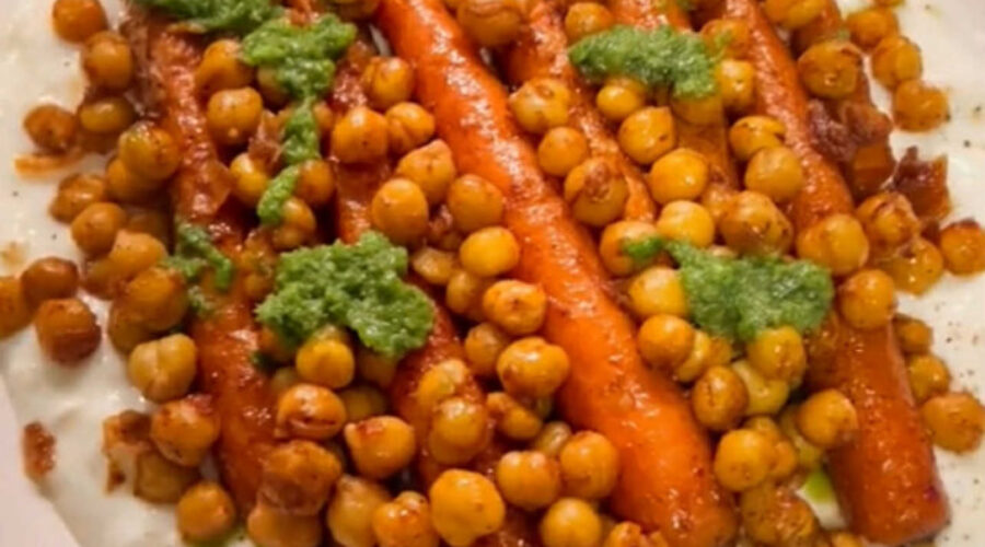 Vibrant & Delicious: Roasted Harissa Carrots & Crispy Chickpeas with Carrot Top Pesto & Whipped Feta
