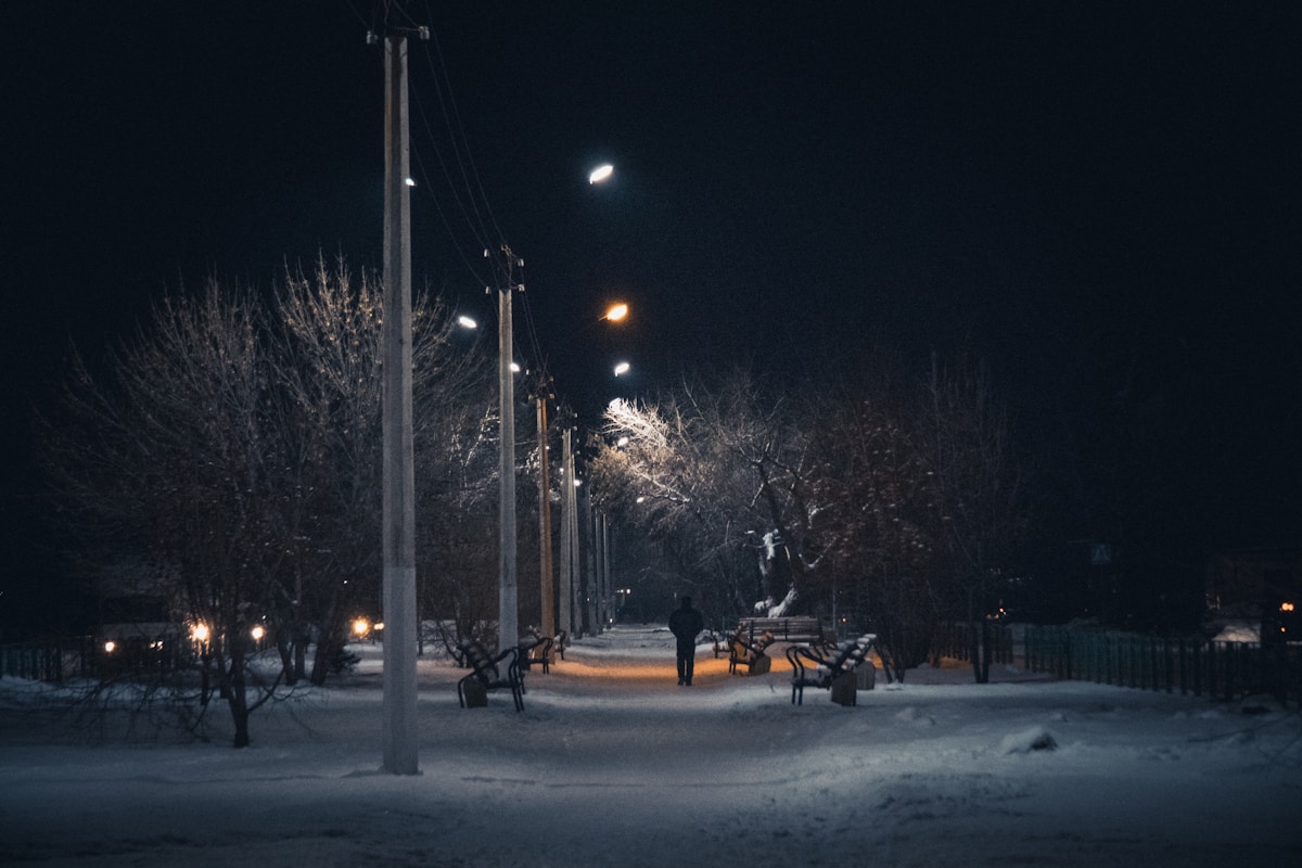 black street light turned on during night time