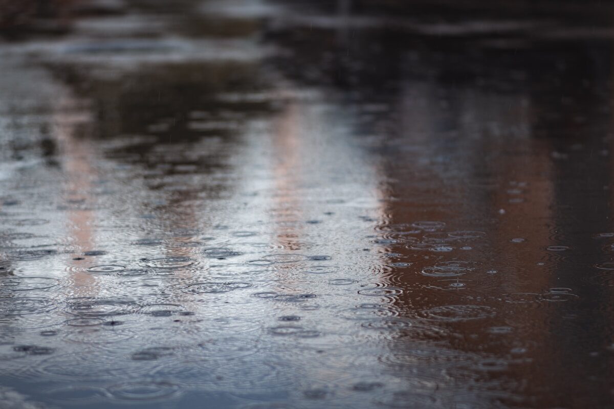 a close up of rain drops on a wet surface