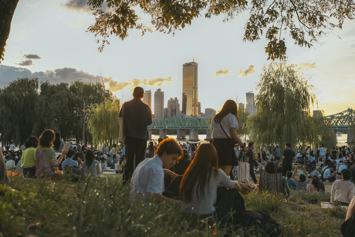 People relax in a park with city skyline at sunset.
