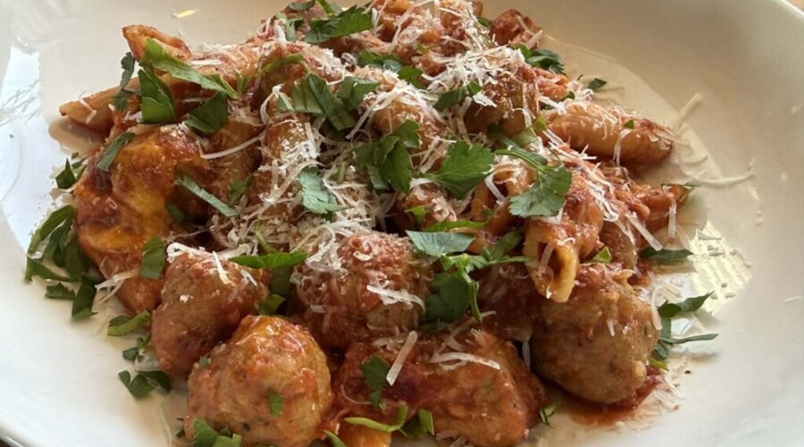 The pasta bake you’ll make on repeat: Penne with garlic‑lemon caper chicken meatballs