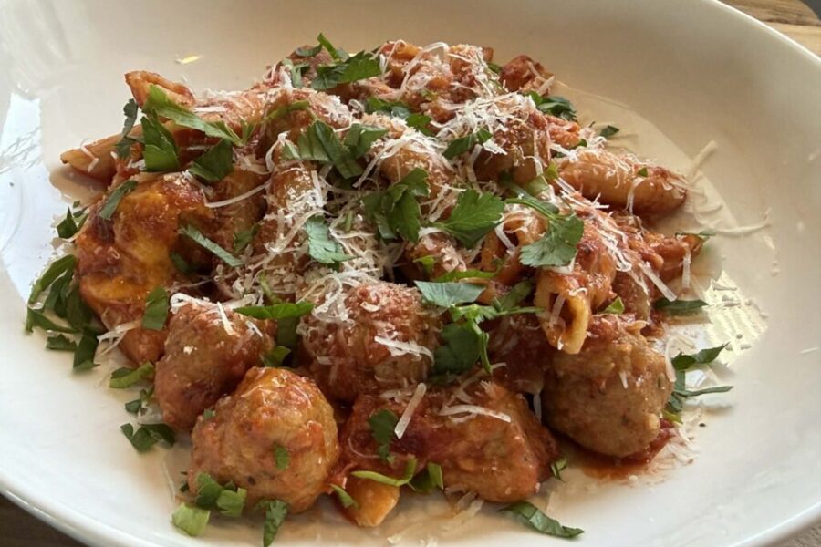 The pasta bake you’ll make on repeat: Penne with garlic‑lemon caper chicken meatballs